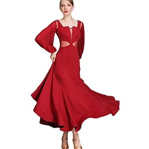 Dames Ballroom Dansjurk Lange Mouwen Waltz Jurken Hollow Standard Morden Performance Costume Professional Tango Dancing Outfit,Rood,L
