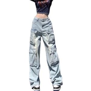 HHuiXinXue Y2K Cargobroek voor dames, jeansbroek, boyfriend-broek, rechte pijpen, losse jeansbroek, Y2K Street Dance Denim broek met brede pijpen en meerdere zakken, Blauw, M