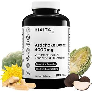 Artisjok Detox 4000 mg. 180 veganistische capsules voor 3 maanden kuur. Met artisjok, zwarte radijs, paardenbloem en desmodium. Artichoke Detox. Gefabriceerd in Europa door HIVITAL
