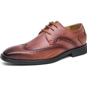 Oxford schoenen for heren met veters, vierkante neus, kunstleer, brogue, reliëf, vleugeltip, derby schoenen, lage blokhak, rubberen zool, bruiloft(Color:Brown,Size:41 EU)