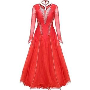 Yhsgscr Hollow Ballroom Danswedstrijdjurken voor Vrouwen Professionele Moderne Danskleding Banketwals Grote Swingrok Mesh Splice Sociale Dansoutfit,Rood,3XL