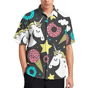 Eenhoorn op zwart Hawaiiaans shirt voor heren, zomer, strand, casual, korte mouwen, button-down shirts met zak
