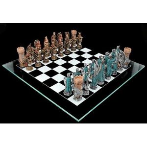 Schaakspel Koning Arthur Sage - Draak Ridder Middeleeuws Fantasy Schaakset Glazen Board Schaakstukken