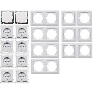 MILOS Stopcontacten, schakelaar, complete set, 20 delen, 230 V, inbouwstopcontact, wisselschakelaar, wandafdekking, inbouwmontage, mat wit