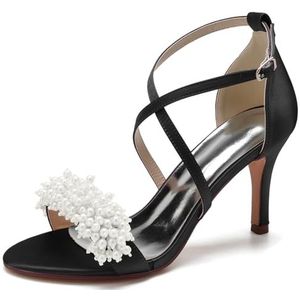 SYDZSW Ivoor satijn trouwschoenen met naaldhak bruidsschoenen met hoge hakken sandalen bruidsschoenen bruid 35-42, Zwart, 35 EU