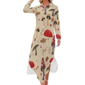 The Various Mushroom Art Maxi-jurk voor dames, lange mouwen, knoopjurk, casual feestjurk, lange jurk, 2XL