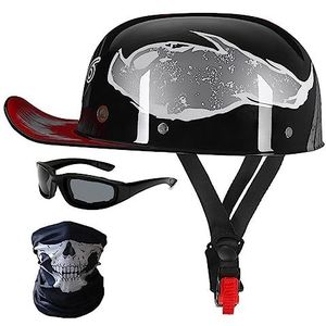 Motorcycle Half Helm,Baseball Cap Retro Open-Face Helm Voor Mannen Vrouwen met Riding Glasses Riding Vizier ECE Certified Half Shell Jet Motorbike Helm57-62cm