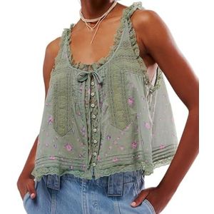 Strik vooraan Top Coquette Strik Linnen Shirt Linnen Strik Strik Vooraan Tanktop Ruffle Kant Blouse(Green,L)