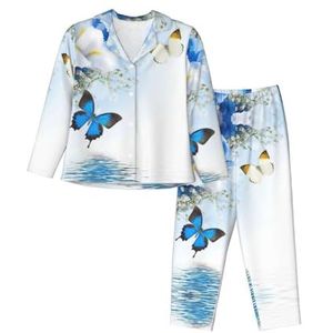 JEJEA Bloemen en vlinder print Comfy 2 Stuk Nachtkleding Lounge Set Pyjama Set Lange Mouw Nachtkleding Nachtkleding, Zwart, S