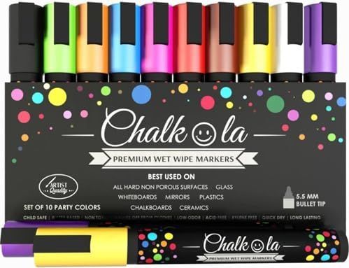 Chalkola, 10 neonkrijtstiften voor borden en ramen, 6 mm, ideaal als whiteboardmarker, krijtstift, whiteboard-stiften, foliestift, glasstiften & krijtstift, vochtig afwasbaar