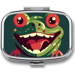 Kikker met mond open pillenetui met 2 compartimenten, pillenorganizer, draagbare vierkante pillendoos, vitaminepillenorganizer voor zakportemonnee en reizen