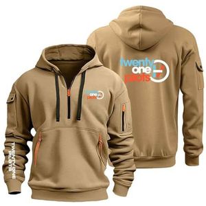 AHYAOFA Comfortabel sweatshirt met capuchon voor heren, 21 P.i.Lot.s, sportsweatshirt, lange mouwen, capuchon, halve ritssluiting, Khaki-2, 38-40 Alto