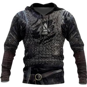 Heren Viking Armor Crew Neck Hoodie, Scandinavische Mythologie 3D Digitaal Printen Punk Street Casual Losse Zwarte Trui, Middeleeuwse Retro Cosplay Feestkostuums(Color:A Pullover Hoodie,Size:3XL)