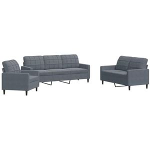 vidaXL 3-delige Loungeset met kussens fluweel donkergrijs, bankenset, tv-stoel, fauteuil, sofa, stoffen bank, beklede bank, fluwelen bank, loungebank