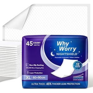 WhyWorry NightShield Incontinentiebedpads met Antislipnoppen, 60x90 cm Incontinentie Onderlegger Wegwerp voor Volwassenen & Senioren, Absorberende Verschoningsmat voor Baby, Geurbestrijding, 45 Stuks