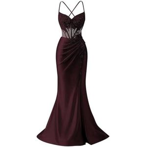 KIYNE Satijnen zeemeermin-galajurken met split voor dames, kant, appliqué, spaghettiband, formele feestjurk, baljurk, Bordeaux, 32