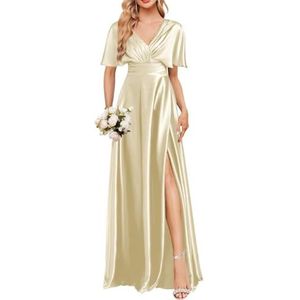 Satijnen Galajurken voor Vrouwen Zeemeermin Formele Avondbaljurken met spleet Ceremonie Jurken Plus Size, Champagne, 32