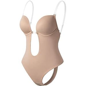 Bodysuit Shapewear Diepe V-hals Body Shaper Backless U Dompeling Thong Shapers Taille Trainer Vrouwen Duidelijke Riem Gewatteerde Push Up Corset (Color : Beige, Size : XL(38))