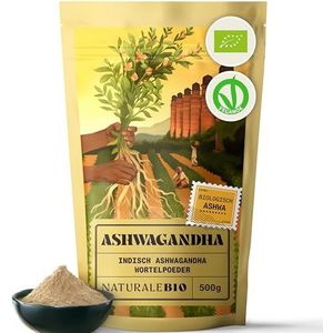 Biologisch Ashwagandhapoeder 500 gr. Natuurlijk en puur, geproduceerd in India uit de wortel van de organische Withania somnifera. NaturaleBio
