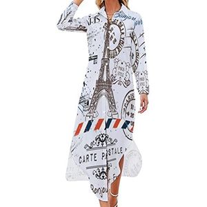 Paris Eiffeltoren vintage maxi-jurk voor dames, lange mouwen, knoopsluiting, casual feestjurk, lange jurk, 2XL