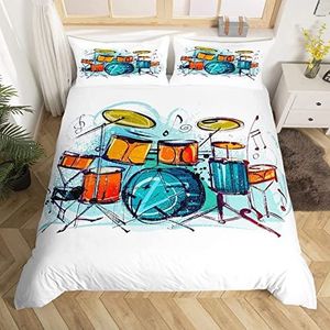 JOGAMA Beddengoed, 155 x 220 cm, drumstel, 3D-beddengoedset, microvezel, dekbedovertrek, muzikale thema's voor kinderen, zachte dekbedovertrekken + 2 kussenslopen 80 x 80 cm, met ritssluiting