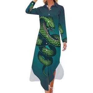 Cobra Snake Maxi-jurk voor dames, lange mouwen, knoopsluiting, casual party, lange jurk, 4XL