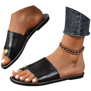 Elegante Teenspreidersandalen Met Parel Dames Slippers Met Clip-teen Platte Slippers PU-leren Slippers Zomer Peep Toe Slippers 2025 Vrije Tijd Bohemen Strandschoenen(Black,43 EU)