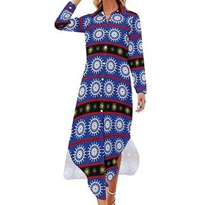 Nautisch patroon dames maxi-jurk lange mouwen knopen overhemd jurk casual feest lange jurken XL