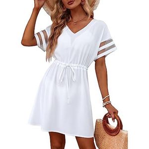 RPAEOY Vrouwen Bikini Cover Ups V-hals Korte Mouw Mini Strandjurk Beachwear Badpak Cover Up Shirt Sexy Casual Zomer Zwembad Badmode Badpak, Wit, M