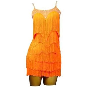 Yhwacyznm Latijns Amerikaanse dansjurken met bretels Balzaalkostuum met franjes Cha Cha Salsa danskostuum voor dames Elastisch en ademend Tango danskleding,Oranje,L