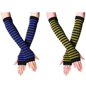 yeeplant 2 paar gestreepte vingerloze armwarmers: ellebooglengte winter armbedekkingen handschoenen, Blauw & Geel, Eén maat