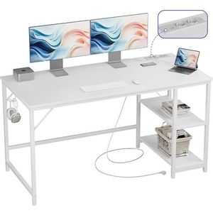 JOISCOPE Bureaus, Computer Bureau met Voedingsocket, USB & Type-C, Esports Tafel met Haken, Home Office Bureau, Studietafel met Houten Planken, voor Studie, Kantoor, Slaapkamer, 140cm, Wit