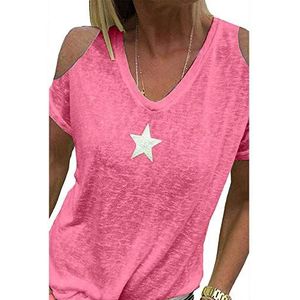 GANGGANG Vrouwen zomer koude schouder ster print plus size tee, V-hals effen top oversized t-shirt dames (kleur: roze, maat: 5XL)