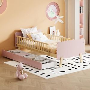 VSOGA Kinderbed 90 x 190 cm met 2 laden, eenpersoonsbed van massief hout, roze