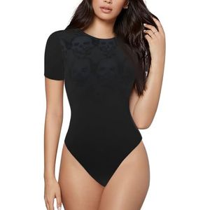 ELSMZXZD Bodysuit met korte mouwen voor dames - gotisch behang schedel bedrukt ronde hals bodysuit, rekbaar T-shirt top, casual slim fit turnpakje, 3 D, S