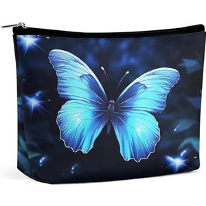 JKLQWH Lederen make-uptas, waterdichte make-uptas voor vrouwen, blauwe vlinder, open platte toilettassen, draagbaar zakje met rits, make-up organizer koffer voor reisaccessoires, blauwe vlinder, 6,8 ×