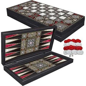 PrimoLiving Deluxe Backgammon Set in Palamedes hout - 42 x 42 cm - inclusief schaakbord - huiskamerspel - praktisch reisspel met koffer - bordspel