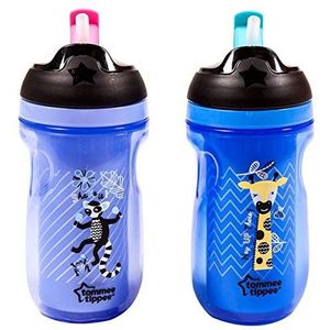 Tommee Tippee Straw Cup trainingsflessen 300ml - voor leeftijden 12 maanden en ouder - geïsoleerde BPA-vrije fles Blue Giraffe and Blue Racoon TWO PACK