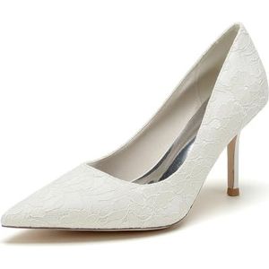 EICOFF Vrouwen Gesloten Teen Bruids Schoenen Hoge Hak Puntige Tenen Kant Satijn Slip-op trouwschoenen Party Sandalen Pumps,ivoor,35 EU