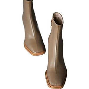 TABKER Sandalen met hak enkellaarzen voor dames vierkante teen schoenen warme winter korte laarzen rits vierkante hakken comfortabele damesschoenen (maat : 6.5 UK)