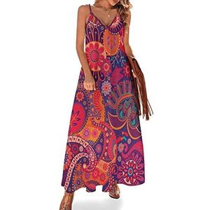 Rode Paisley Zomerjurk voor dames, maxi-jurk, V-hals, mouwloos, spaghettibandjes, lange jurk