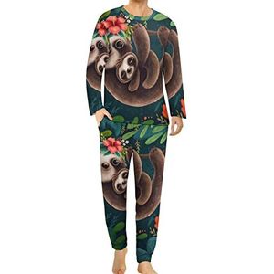 Leuke luiaards print comfortabele heren pyjama set ronde hals lange mouwen loungewear met zakken 4XL