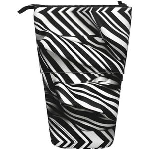 Nbtghga Strepen Zwart Wit Print Potlood Telescopische Klassieke Kunsten Stand Up Etui Organizer Potlood Houder Make-up Tas Gift, Zwart, Eén maat