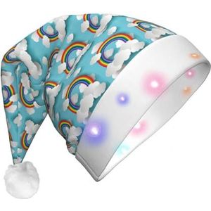 ZaKhs Cartoon Regenboog Wolken Print Santa Hoed Licht Up Pluche Kerst Hoed Xmas Vakantie Hoed Voor Nieuwjaar Party