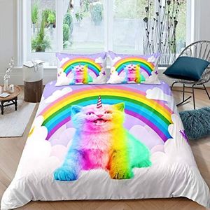 Homemissing Kinderen Kat Beddengoed Set Leuke Kitten Dekbed Cover voor Jongens Meisjes Tieners Eenhoorn Huisdier Kat Dekbedovertrek Regenboog 3D Dier Ademend Beddengoed & Linnen Kamer Decor Beddengoed & Linnen Single Size