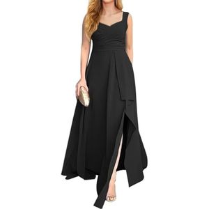 KURFACE Chiffon bruidsmeisjesjurk met split geplooide mouwloze lange avondjurk voor dames, Zwart, 32