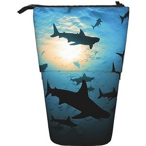 RLDOBOFE Hammerhead Haaien Print Potlood Tas Stand-Up Intrekbare Potlood Doos Organizer Pen Houder Opbergtas Cosmetische Tas Voor Kantoor Kerst Vakantie Gift, Zwart, Eén maat