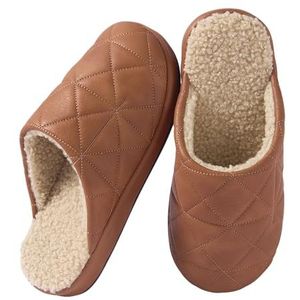 JadeRich Vrouwen Mannen Faux Lederen Fleece Voering Slippers Gewatteerde Effen Kleur Antislip Warme Winter Huis Schoenen, Bruin, 3.5/4.5 UK