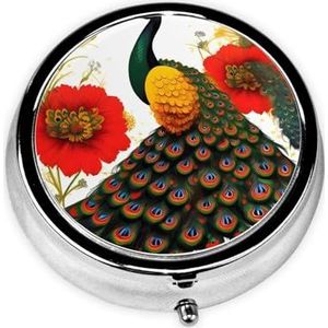 Pil Organizer, Ronde Vormige Pack, 3 Compartiment Geneeskunde Pil Case, Draagbare Pillendoos, Pil Dispenserpeacock Rode Bloem