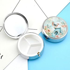 Pillendoosje Ronde Pillendoosje Pillenhouder met 3 Compartiment Blauwe Vogel Huis Pil Gevallen voor Reizen Waterdichte Geneeskunde Organizer Doos Reizen Pillendoos Pillencontainers Vitamine Organizer